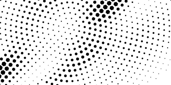 Hexagon halftone gradient texture. Abstract black grunge background. Geometric retro halftone tech overlay.