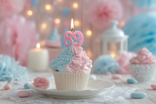 Festive Cupcake with Number 89 Candle for Celebration and Party Decor