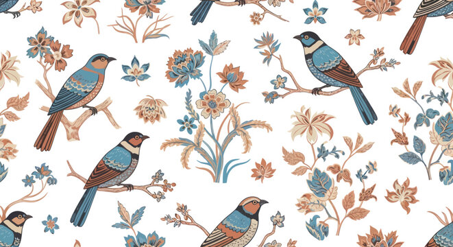 Vintage blue birds perched on branches among floral patterns.