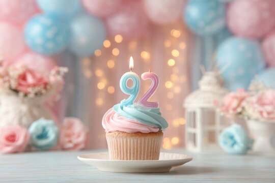 Beautiful birthday cupcake with pink and blue frosting and lit candles shaped as the number 92