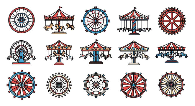 Set of vintage amusement park and carnival ride icons isolated on white