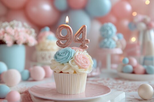 Elegant birthday cupcake decorated with pastel flowers and a sparkly candle displaying the number 94