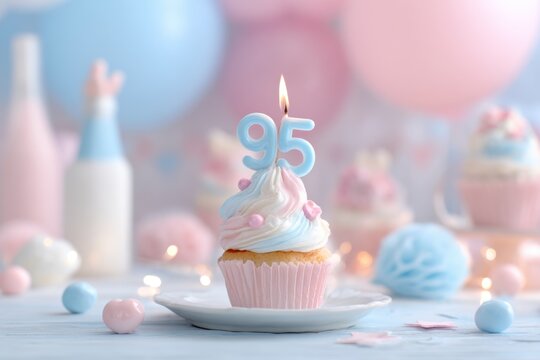 Festive 95th Birthday Celebration Cupcake with Candles and Pastel Decorations