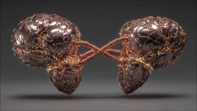 Two gleaming metallic brains intricately intertwined with shimmering copper wire and delicate fairy