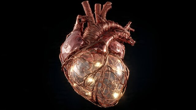 An anatomical copper heart sculpture intricately wrapped with wire and illuminated by internal warm
