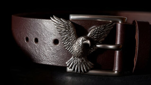 Detailed close-up of a textured brown leather belt with a striking silver eagle buckle,