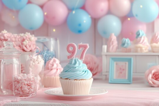 Sweet 97th Birthday Celebration with Pastel Decor, Cupcake and Balloons