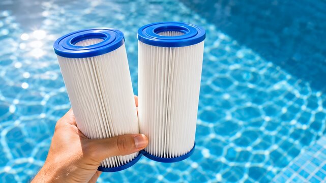 Hand holding two pleated swimming pool filter cartridges over blue water surface, pool maintenance equipment with water filtration system replacement in summer outdoor