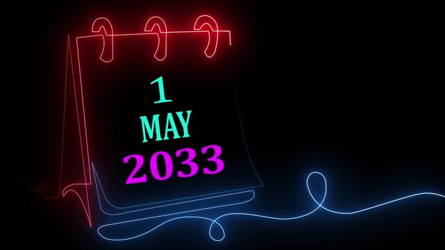 Abstract futuristic calendar design featuring glowing 1 May 2033 date with neon light effect on dark background