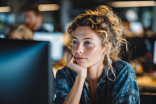Young female software developer with freckled skin and curly blonde bun, resting chin on hand while gazing at monitor in warm open - plan office
