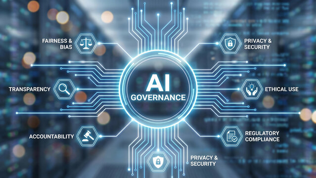Artificial intelligence governance framework concept showing fairness transparency accountability privacy ethical use and regulatory compliance pillars for responsible AI technology management