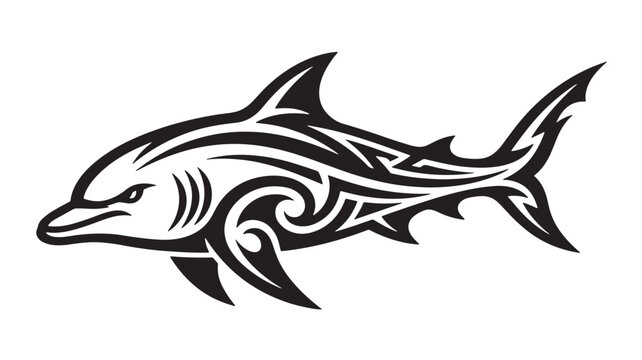 Dolphin tattoo style emblem with tribal swirls, sharp fins, and bold black outline for sports and logo design