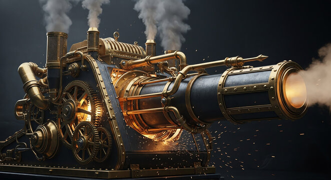 Steampunk machine with gears and steam