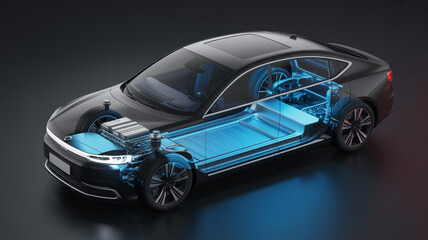 Fototapeta premium A luxury black sports car with a sleek motor design and bright headlights is isolated on a black background for a fast transportation concept
