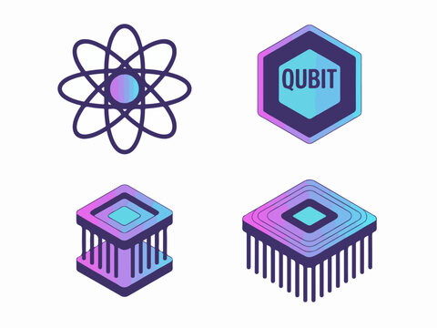 Quantum computing icons including atom symbol qubit and processor designs in a modern flat vector style for technology concepts
