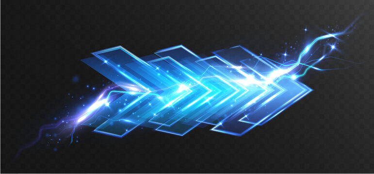 Abstract futuristic blue neon arrow with electric lightning energy and glowing motion trails isolated on transparent background for technology and speed concepts.
