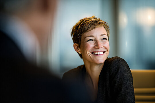 White European executive woman with short pixie haircut smiling warmly in a boardroom meeting, over - the - shoulder foreground blur and soft window light