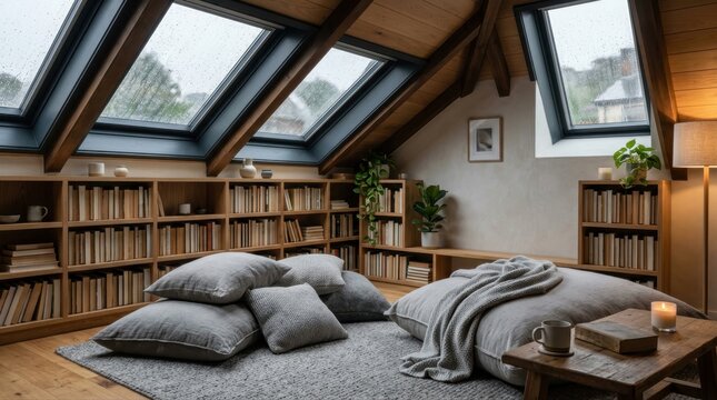 Cozy attic reading nook with bookshelves and soft floor cushions