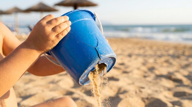 Child hands pouring sand from broken blue bucket on sunny beach close up shot