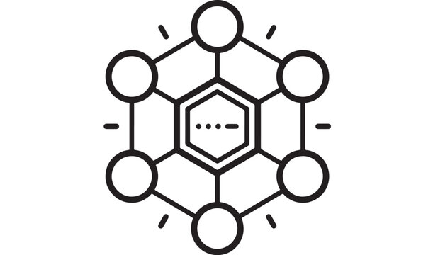 Network node diagram icon with connected spheres and hexagon center for technology systems and data communication concept