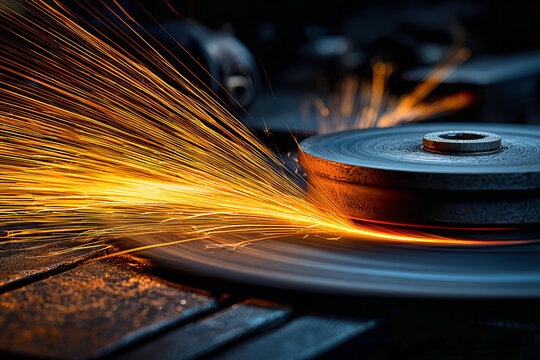 A worker grinds metal in a workshop. Sparks fly as the tool cuts through the metal surface. The setting is busy with various equipment around