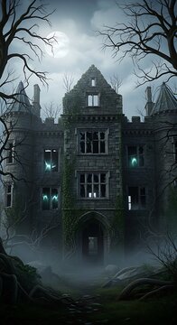 Eerie, overgrown, abandoned manor shrouded in mist under moonlight