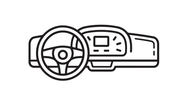 Steering wheel and dashboard icon with vehicle controls lines for car interface and driving UI design