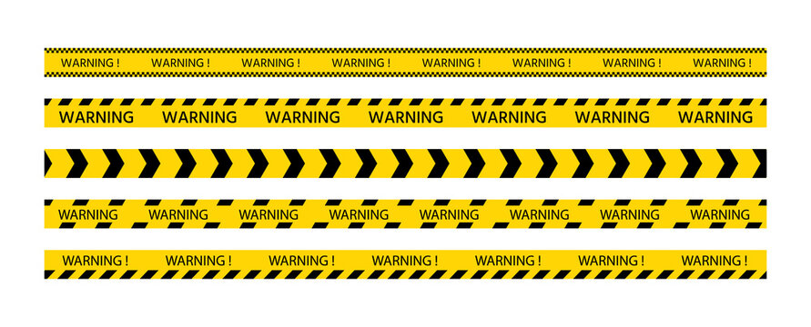 Yellow black tape. Warning barrier tapes for danger places. Stop ribbons. Set of caution crime scene bands. Seamless striped boundary lines. Do not cross police road sign. Vector illustration.