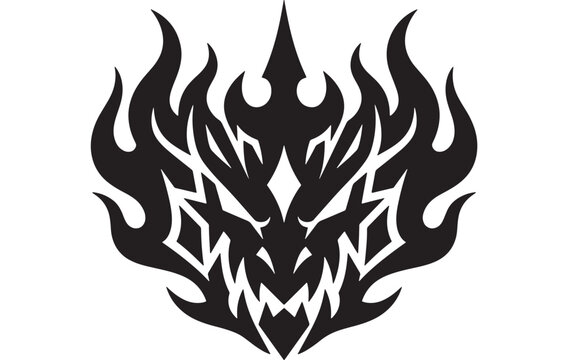 Skull flame emblem with black jagged fire and central horned skull silhouette illustration featuring horror, gothic, punk with tattoo design and