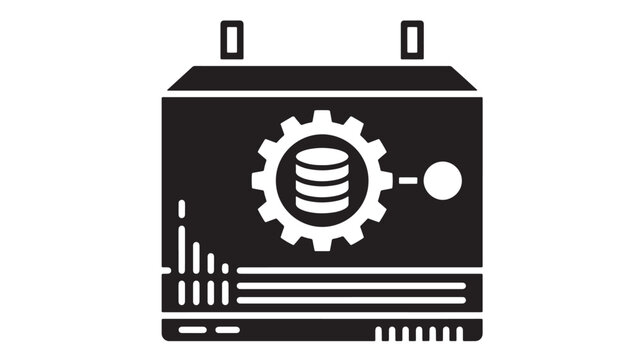 Server database icon with gear and coin symbol for IT infrastructure, software hosting, and cloud computing services