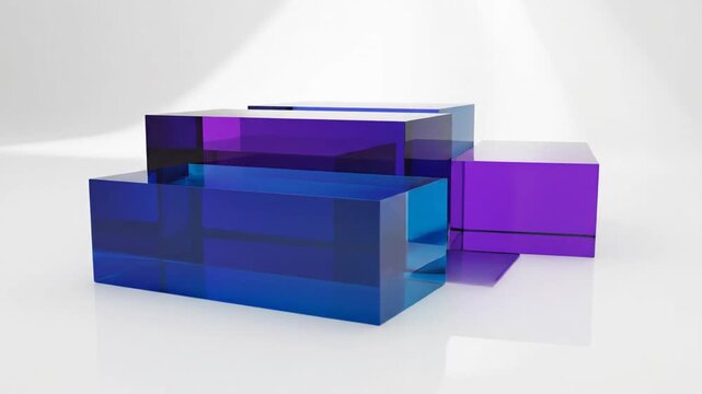 A high-detail 3D render of four translucent rectangular cuboids in varying shades of blue, purple, and indigo, arranged on a white reflective surface with soft shadows and light.