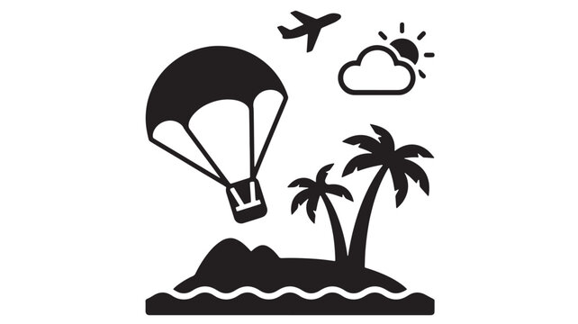 Parachute landing icon with plane, sun, cloud, palm tree, and waves on tropical island background concept