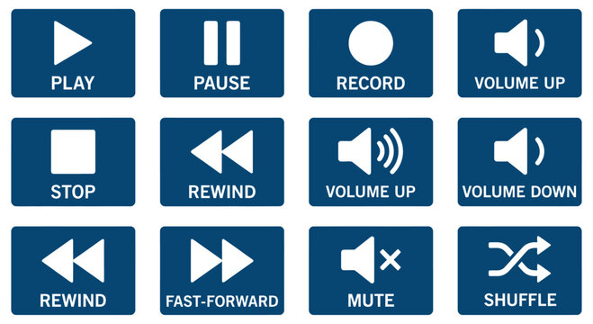 Collection of blue multimedia player control icons including play pause record stop rewind fast forward volume up volume down mute and shuffle button graphic symbol audio