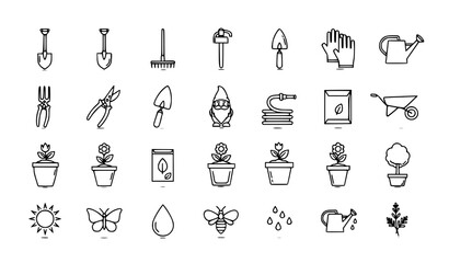 Minimal gardening outline vector icon set 25 pcs shovel rake plant watering symbols © SHAHADAT