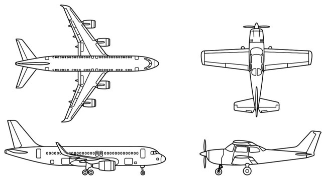 A collection of line art illustrations depicting an airliner and a small propeller aircraft from different aerial and side perspectives airplane propeller plane jet aviation