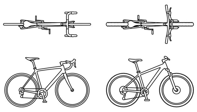 Four bicycle outlines shown from top and side views depicting a road bike and a mountain bike for comparison 170 characters top view graphic illustration transport vehicle