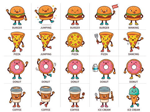 Cartoon fast food characters dancing and jumping on with various expressions