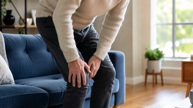 Midlle-aged man suffering knee injury joint pain rheumatoid arthritis osteoporosis.
