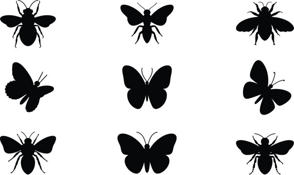 Black butterfly and bee silhouette collection isolated on gray background vector illustration