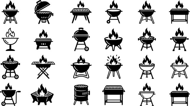 Fire Pit and Barbecue Grill Icon Set Featuring Outdoor Bonfire Bowl, Charcoal BBQ, Camping Flame, Patio Heater and Backyard Cooking Symbols