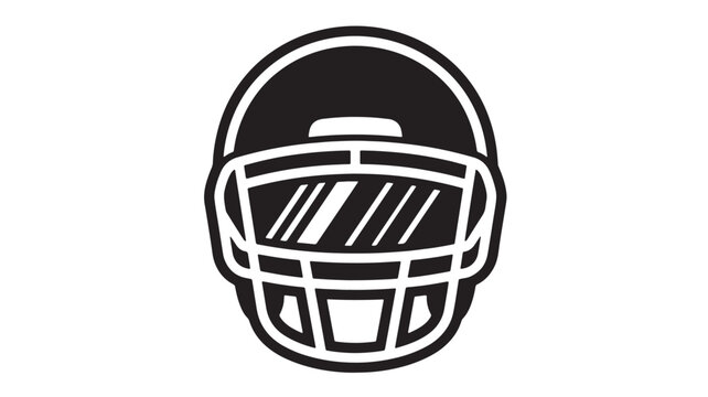 American football helmet icon with bold outline and striped visor design on clean white background featuring protective headwear, faceguard,