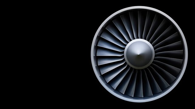 Dynamic turbine fan with sharp metallic blades minimal black background industrial photography close-up view