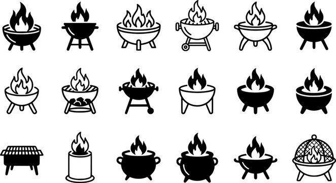 Fire Pit and Barbecue Grill Icon Set Featuring Outdoor Bonfire Bowl, Charcoal BBQ, Camping Flame, Patio Heater and Backyard Cooking Symbols
