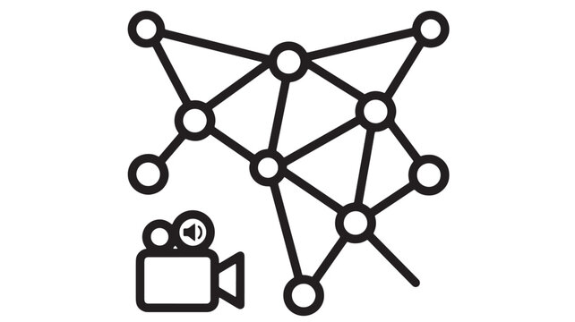 Graph network diagram icon with connected nodes, nodes links, and media camera video symbol featuring node connections, linkage, topology with