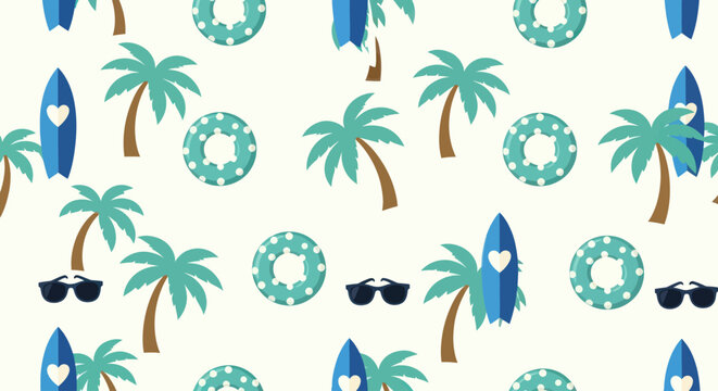 Seamless tropical summer pattern with palm trees, surfboards and swim rings