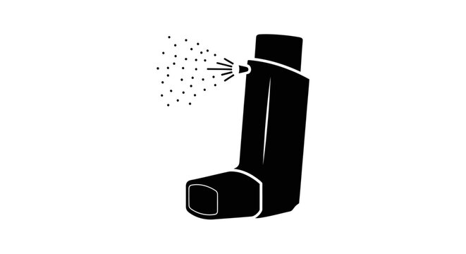 Black silhouette of an asthma inhaler spraying medication isolated on white background
