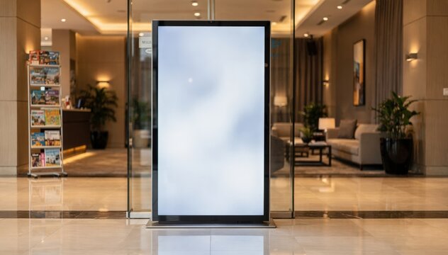Business hotel lobby showcasing a sleek digital concierge touchscreen boldly focused with outoffocus racks of city guides and professional d&eacute;cor in the background.