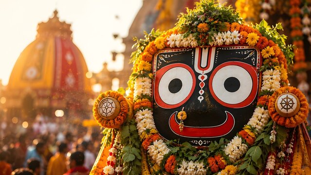 Lord Jagannath deity idol decorated with white flower garlands at Puri temple during Rath Yatra festival procession, sacred Hindu religious celebration from Odisha India
