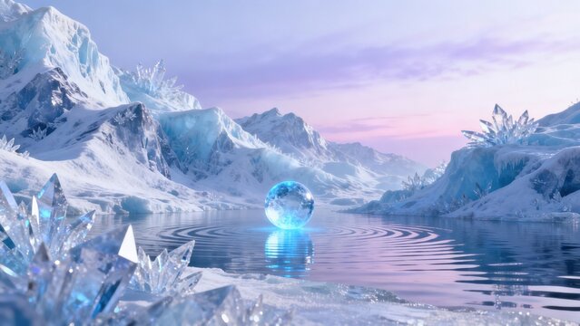 Frozen landscape with glowing orb
