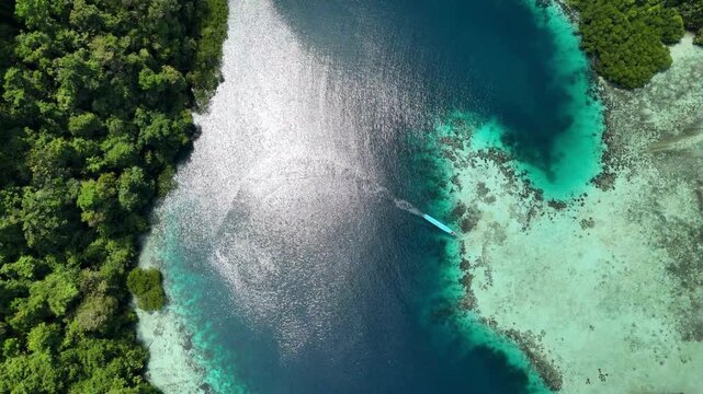 A stunning aerial drone view of the tropical lagoons and turquoise waters of Labengki Island, Sulawesi, Indonesia. Crystal-clear ocean water, coral reef formations, and untouched rainforest islands cr
